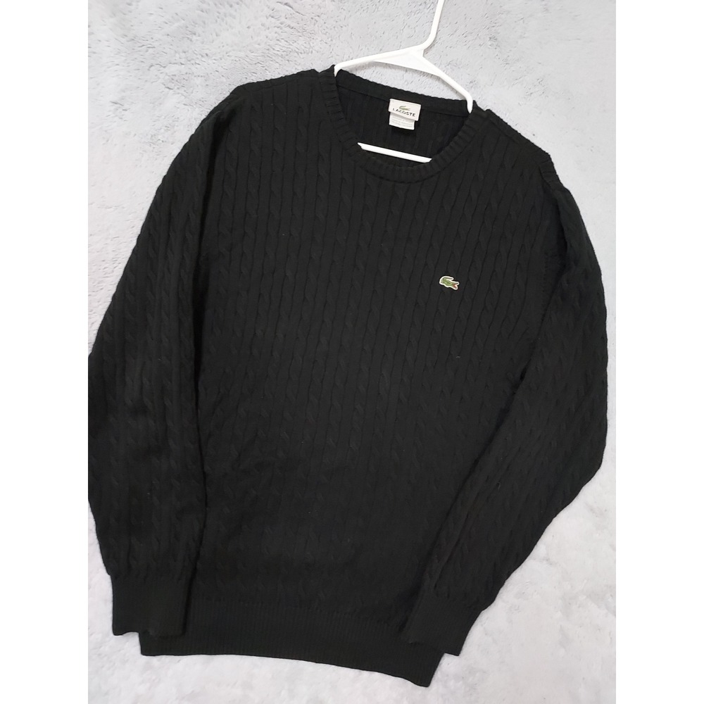 Lacoste Sweater Men Large Size 5 Cable Knit Crewneck Crocodile Logo Black Preppy